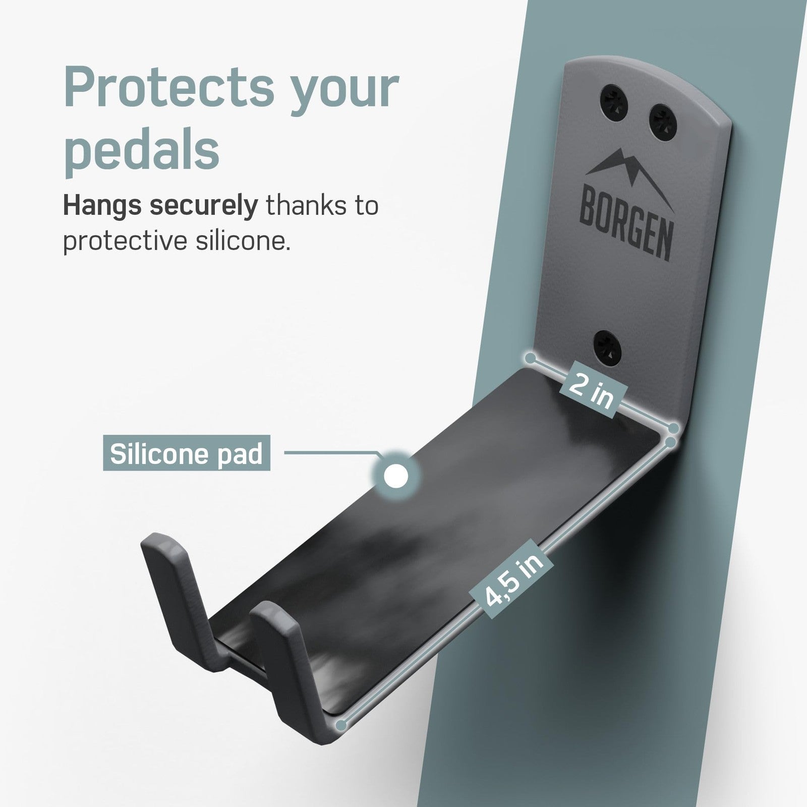 Borgen bike wall mount pedal hook holding an e-bike pedal, showcasing sturdy steel construction and 66lb capacity for MTB and road bikes.