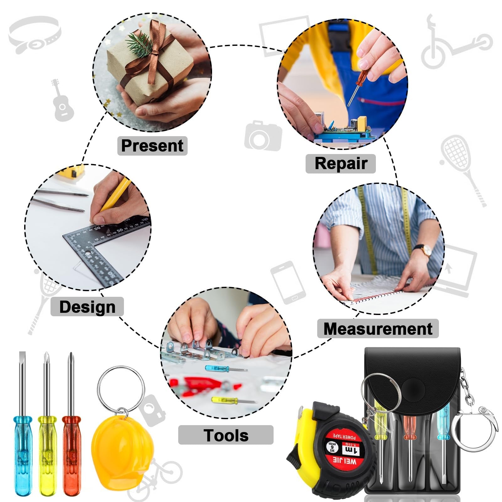Jutom 72-piece mini tape measure and screwdriver set with construction helmet keychains, perfect for tools and accessories.