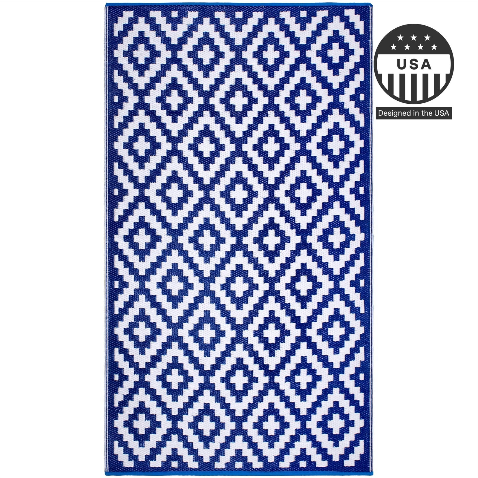 Outdoor camping rug from FH Home, waterproof and fade-resistant, reversible and premium quality, shown outdoors on a grassy surface.