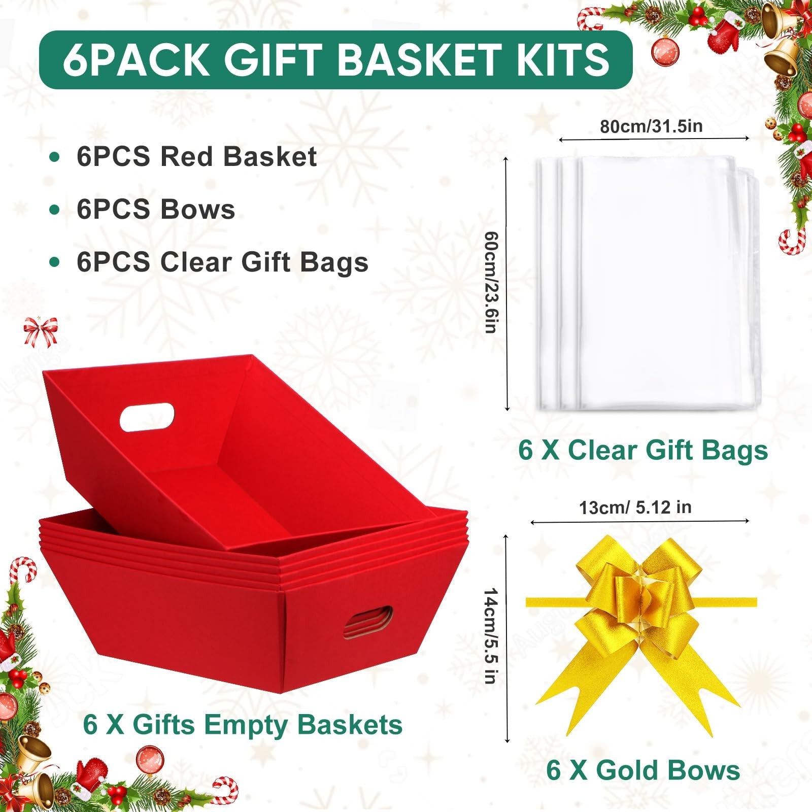 AFOROEOA 6-pack red gift baskets with thick sides, measuring 10x12 inches, includes six bows for gift presentation.