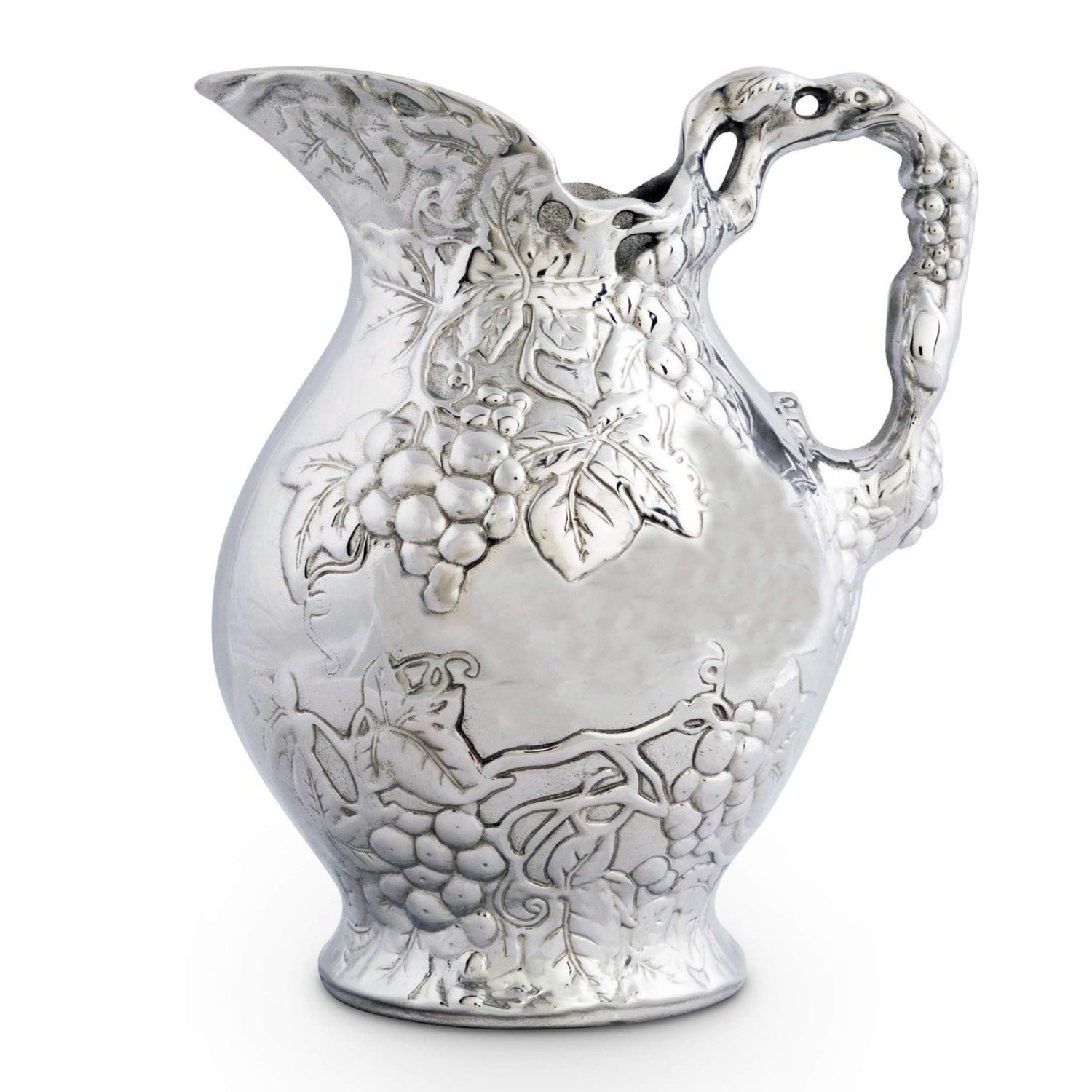 Arthur Court metal vineyard pitcher with grape pattern, sand-cast aluminum design featuring a decorative handle and detailed grape motifs.