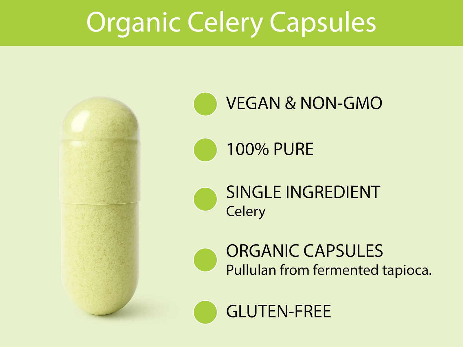 KOYAH organic celery capsules with freeze-dried whole-stalk powder, 200 mg, shown in clear capsule form.