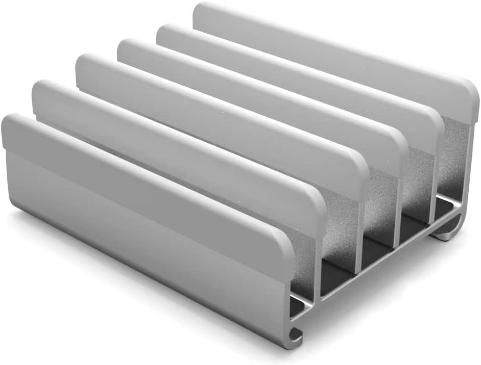 Elestoria 5-slot vertical aluminum laptop stand showing multiple laptops stacked securely in a sleek, modern design.