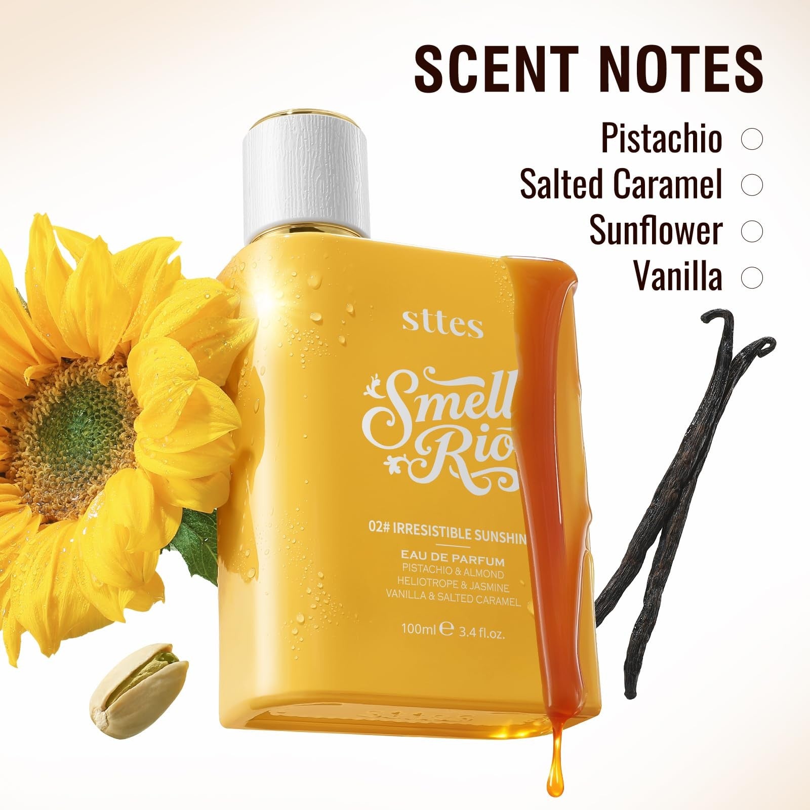 Sttes Perfume 02# Irresistible Sunshine with vanilla, salted caramel scent, long-lasting fragrance in a sleek bottle.