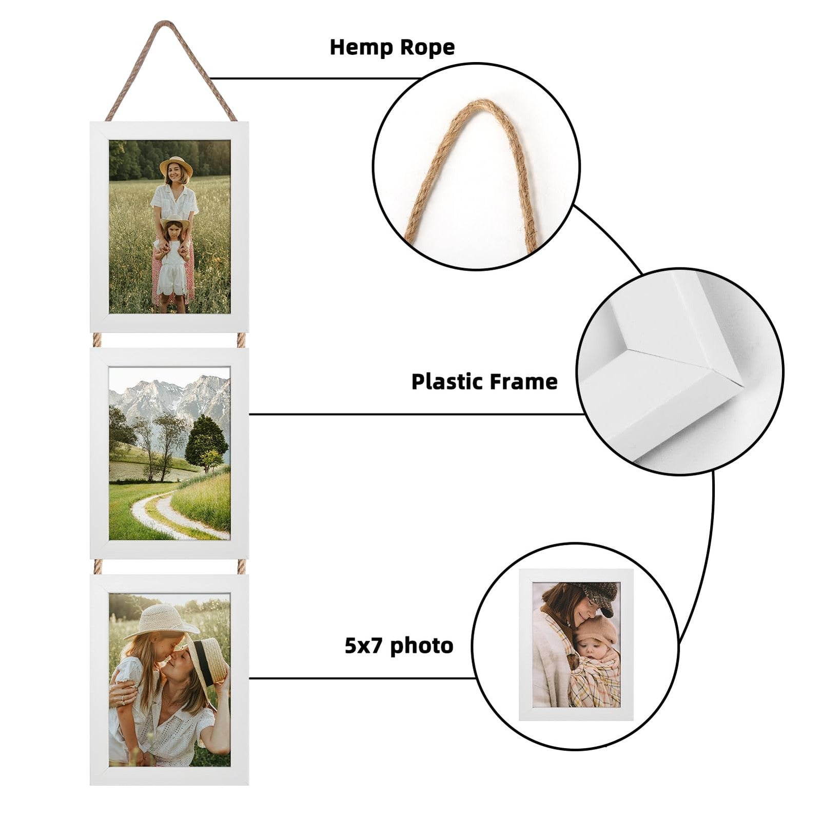 Lavezee 5x7 white hanging collage picture frames set of 2 with 6 openings, vertical orientation, for home wall decor.