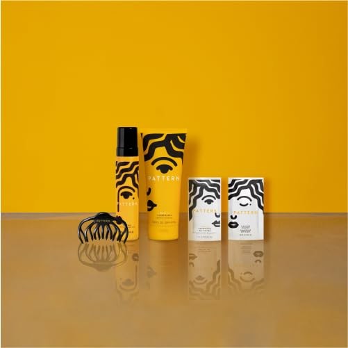 PATTERN Beauty Juicy Curl Kit for curly and coily hair with 3a-4c textures, includes styling products and accessories for defined curls.