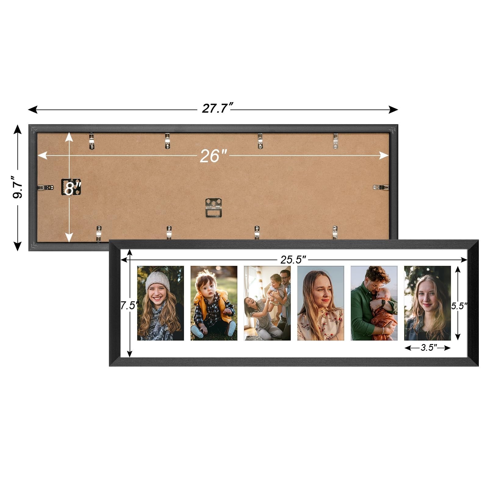 KSROECUD 8x26 collage picture frame with six open slots for 4x6 photos, showcasing a modern multi-picture display.