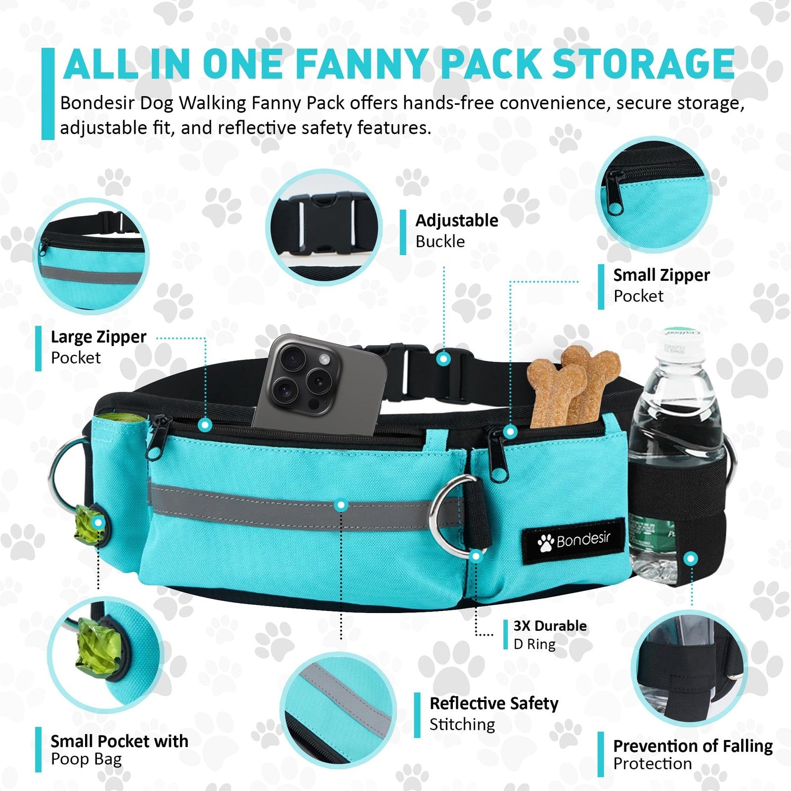 BONDESIR waist leash for double dog walking with shock absorption, suitable for small, medium, and large dogs, shown in use.