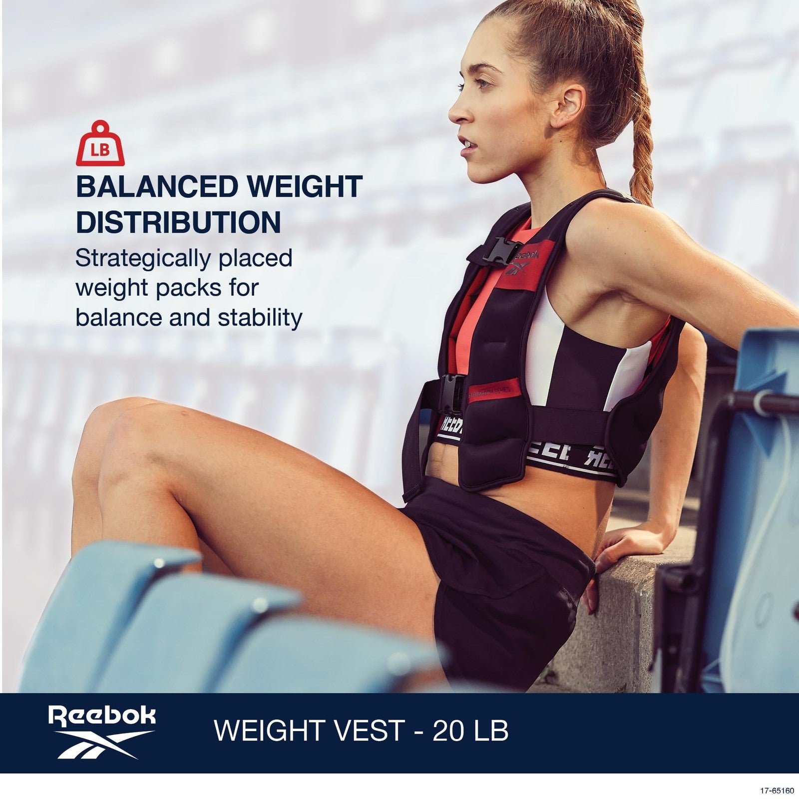 Reebok 20lb adjustable weighted vest for strength training and Crossfit, with padded straps and durable design.