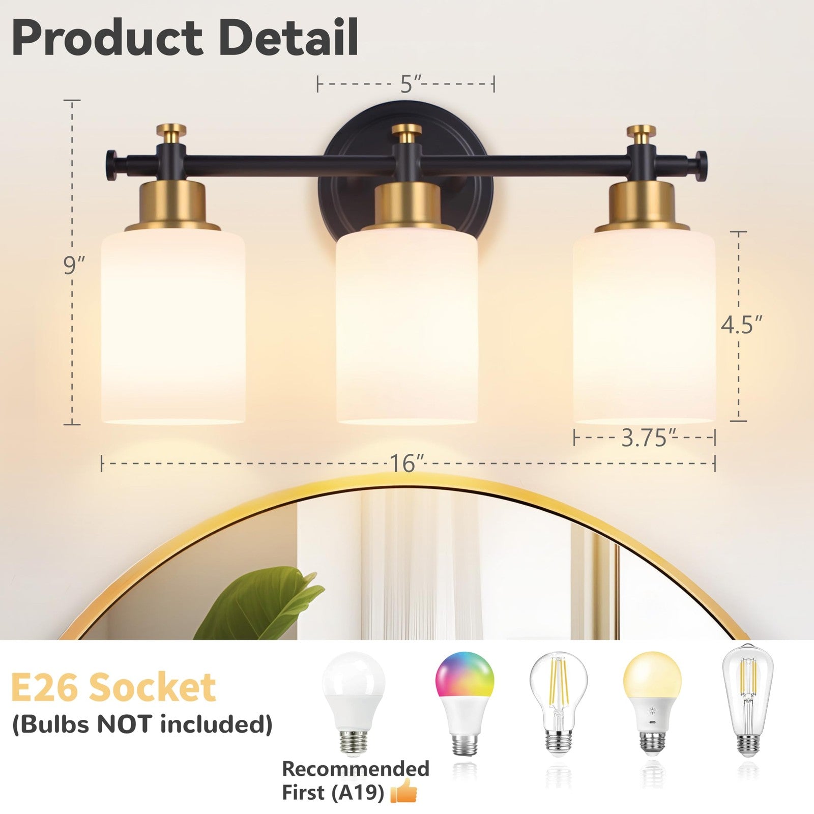 Imizdlum 3-light black and gold bathroom vanity light fixture with modern design and sleek finish, mounted on a bathroom wall.