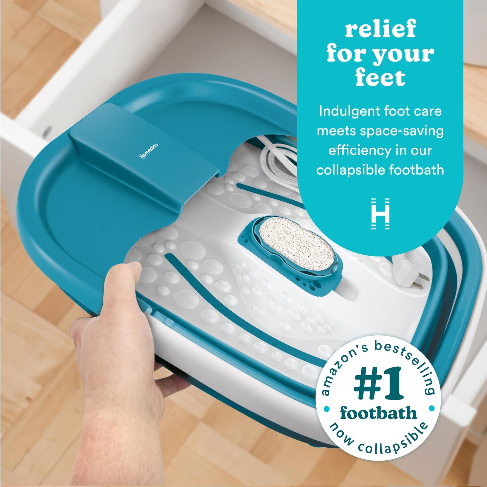 Homedics Smart Space Bubble Mate collapsible foot spa with bubble jets and heat maintenance for relaxing foot soaks.