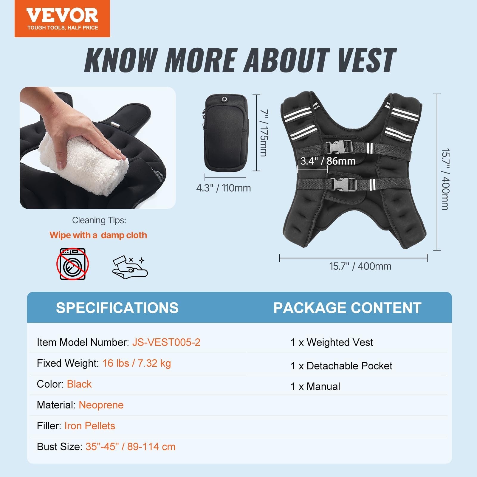 VEVOR 16 lbs weighted vest with reflective stripe and adjustable buckle, designed for fitness and strength training.