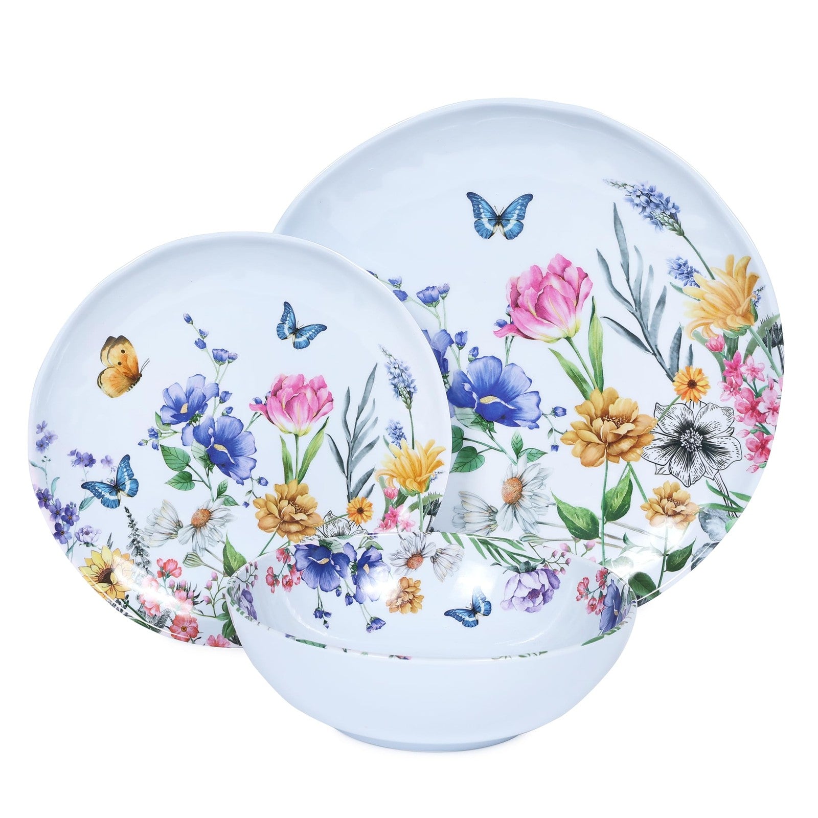 Lechoo 12-piece melamine dinnerware set with floral plates and bowls for 4, featuring colorful, durable tableware for everyday use.