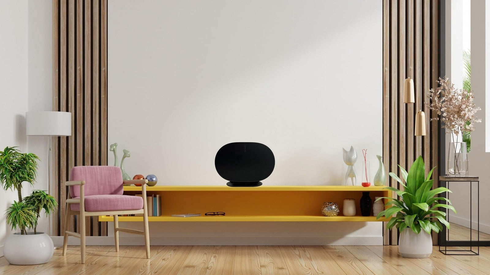Flexson Desk Stand for Sonos ERA 300 in white, showing the sleek, modern design of the speaker stand on a desk surface.