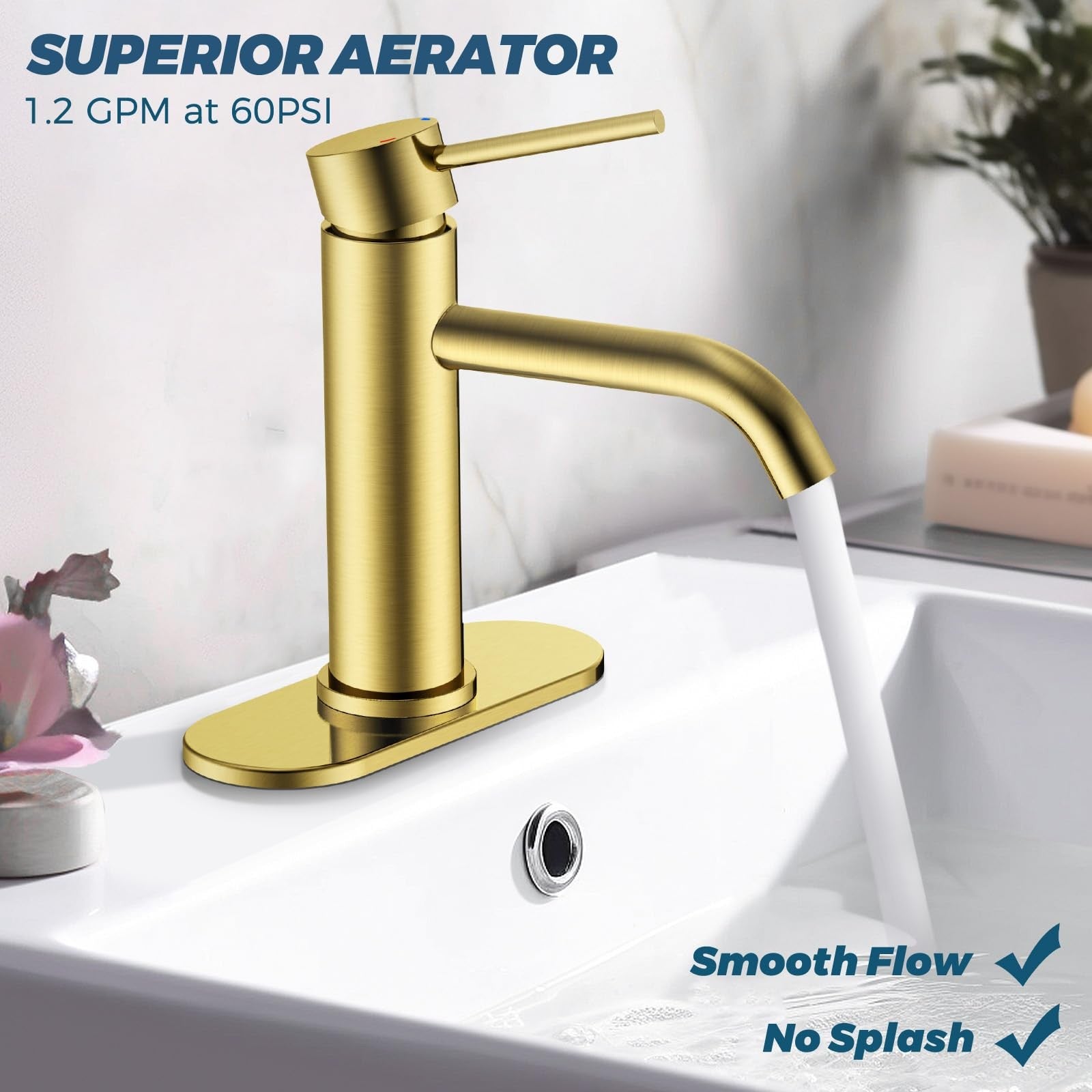 FORIOUS gold stainless steel bathroom sink faucet with single hole design, featuring modern and sleek style.