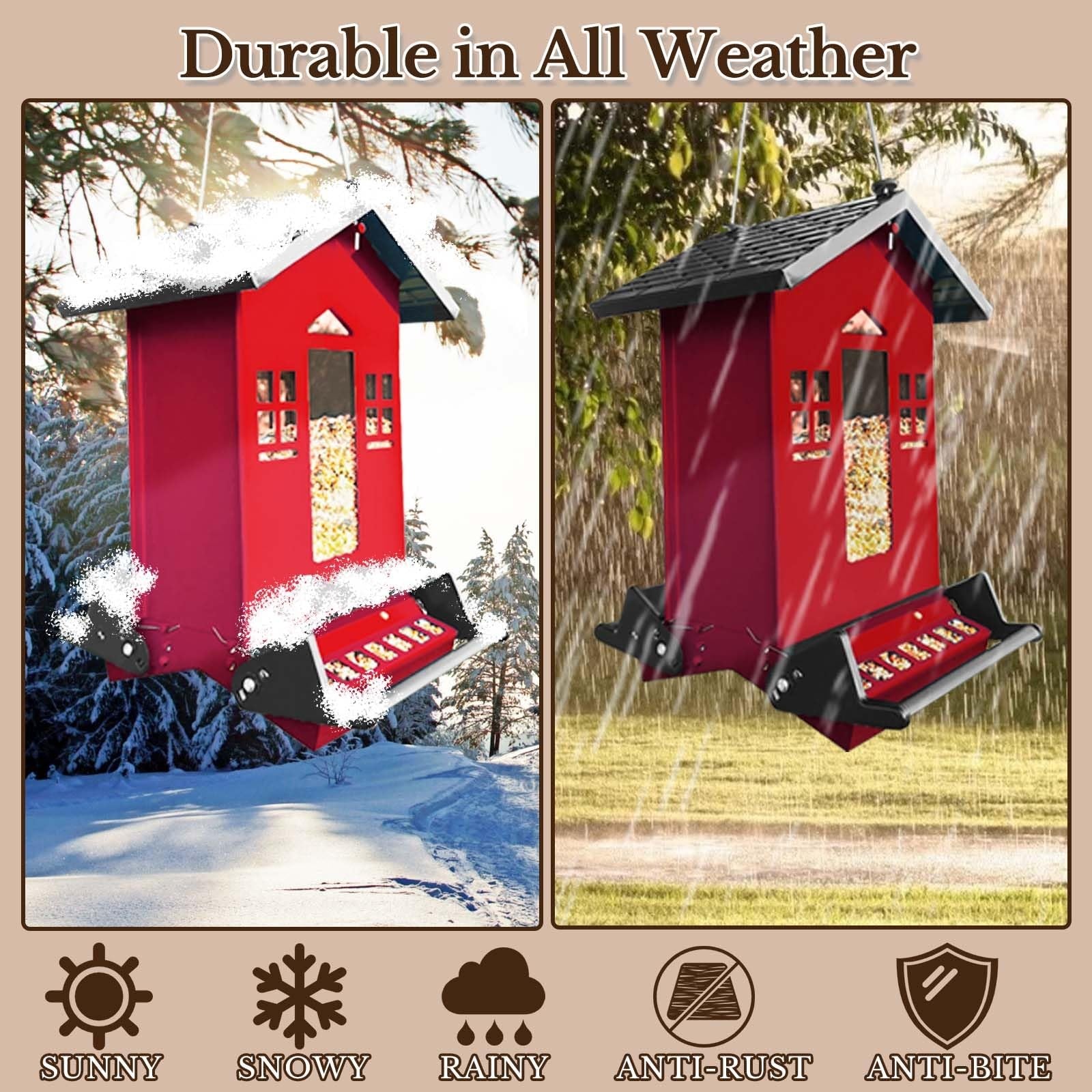 Red metal squirrel-proof bird feeder hanging outdoors, designed to hold 6 lbs of birdseed for attracting various backyard birds.