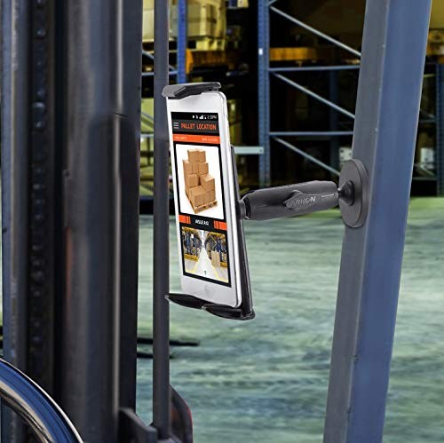 ARKON magnetic tablet mount for 9-12 inch tablets, designed for forklift use, featuring a sturdy black metal clamp and magnetic holder.
