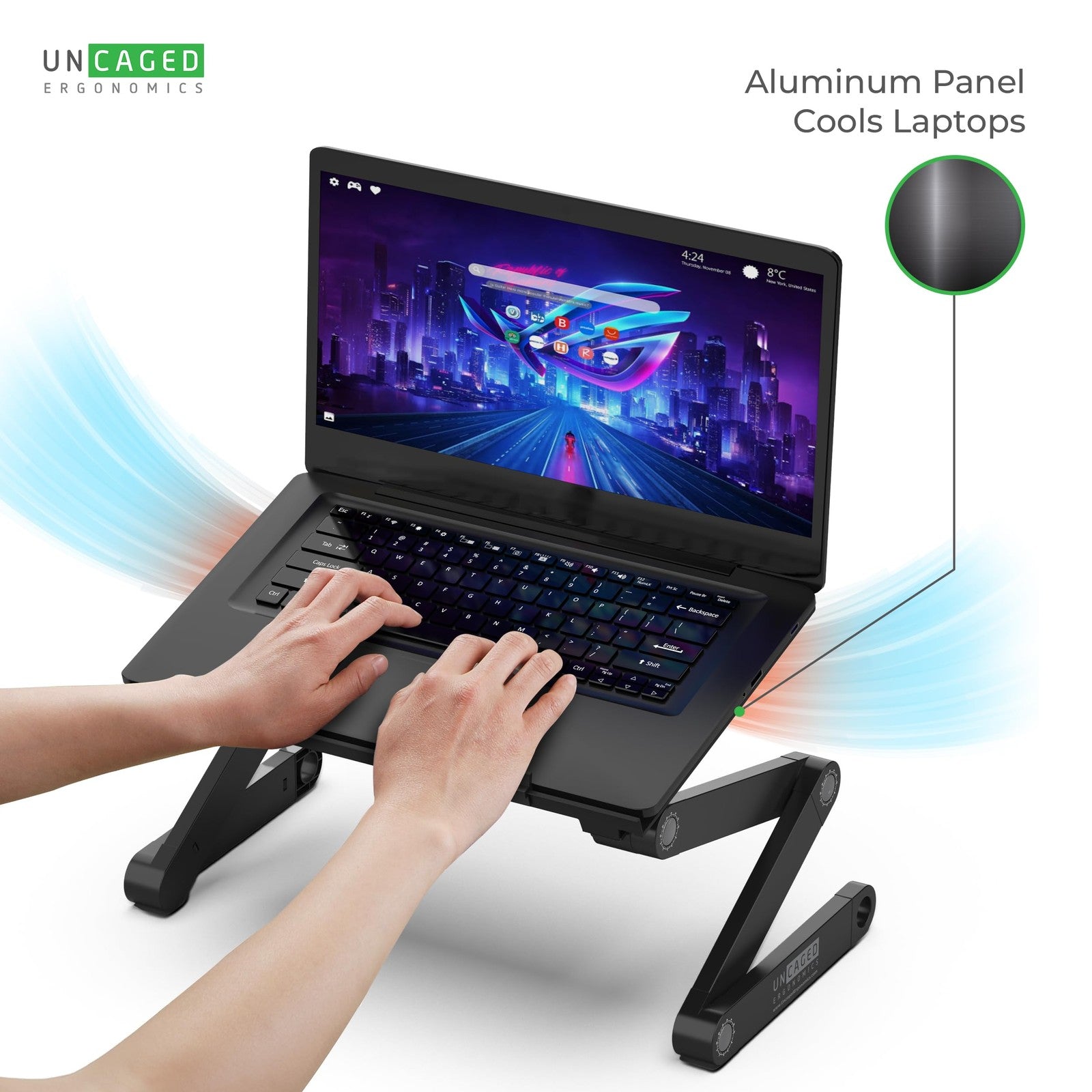 Uncaged Ergonomics WorkEZ adjustable laptop stand with a sleek design, supporting multiple height settings for ergonomic workspace setup.