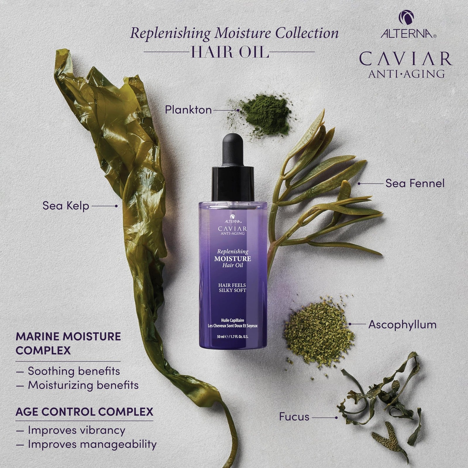 Alterna CAVIAR Anti-Aging Replenishing Moisture Hair Oil 1.7 oz bottle with dropper, light formula for nourishing hair care.