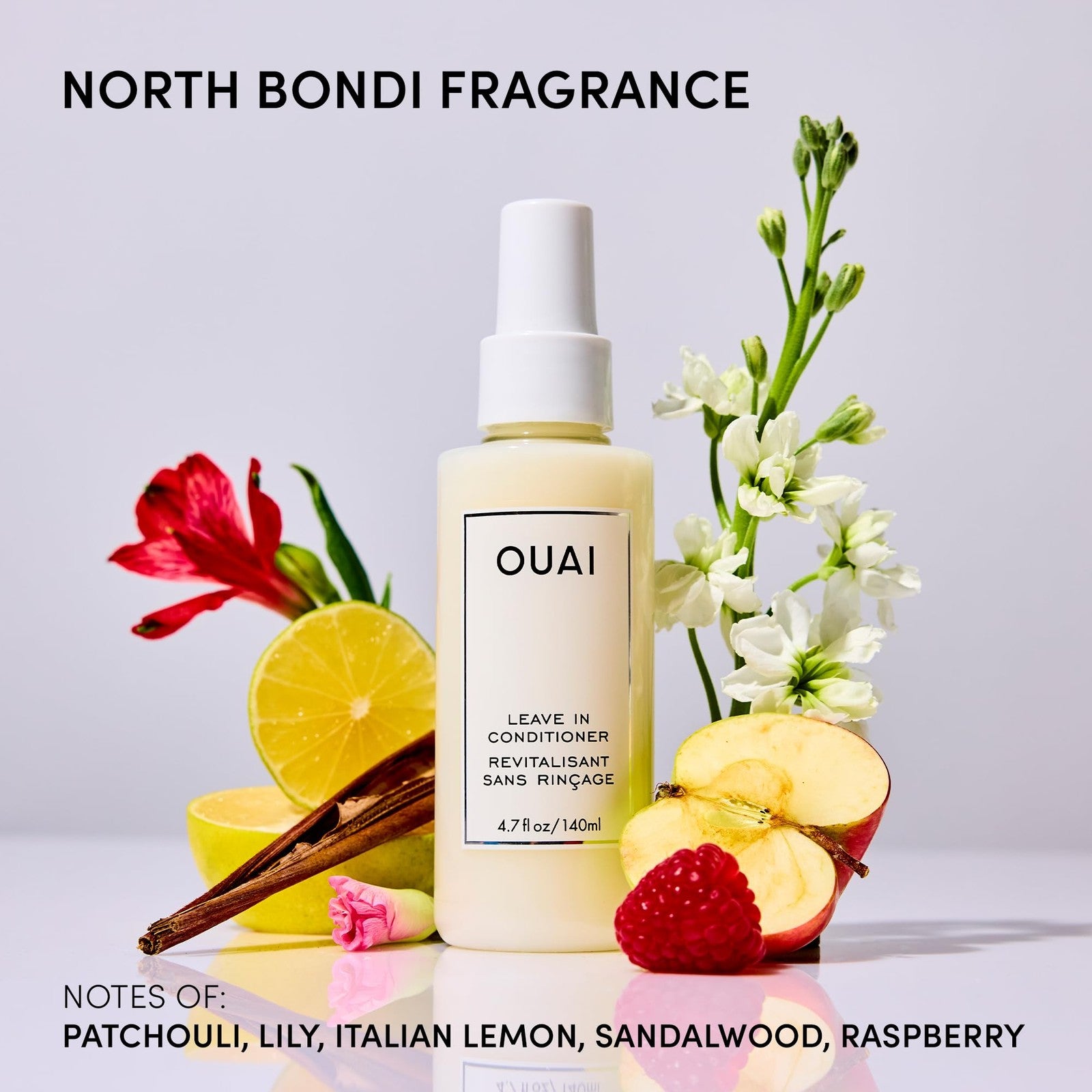 OUAI Leave-In Conditioner Heat Protectant Spray bottle with instructions, designed to reduce frizz, detangle, and add shine to hair.