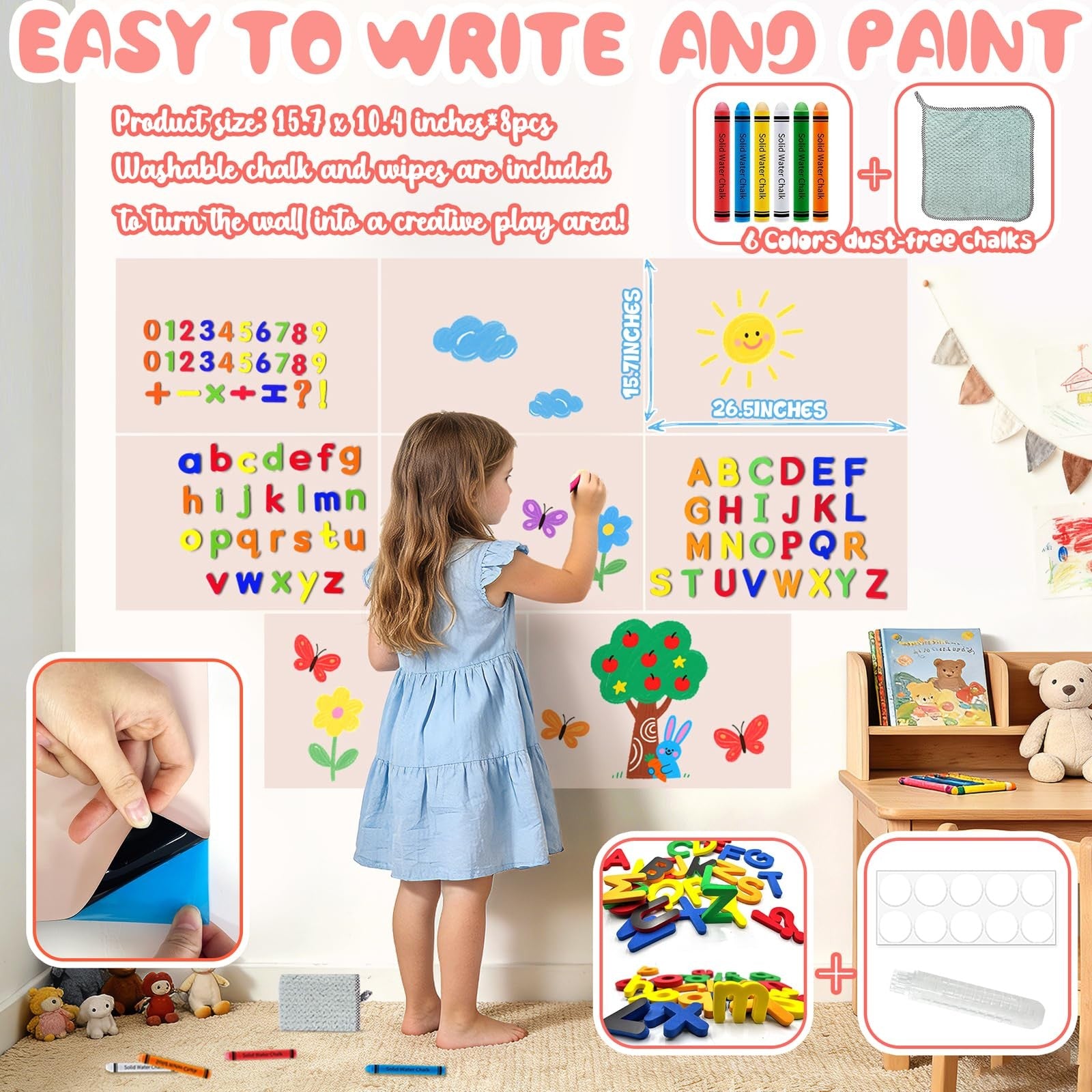 Easma 8-piece magnetic wall decals for kids, peel and stick magnetic chalkboard set with colorful designs on a white background.