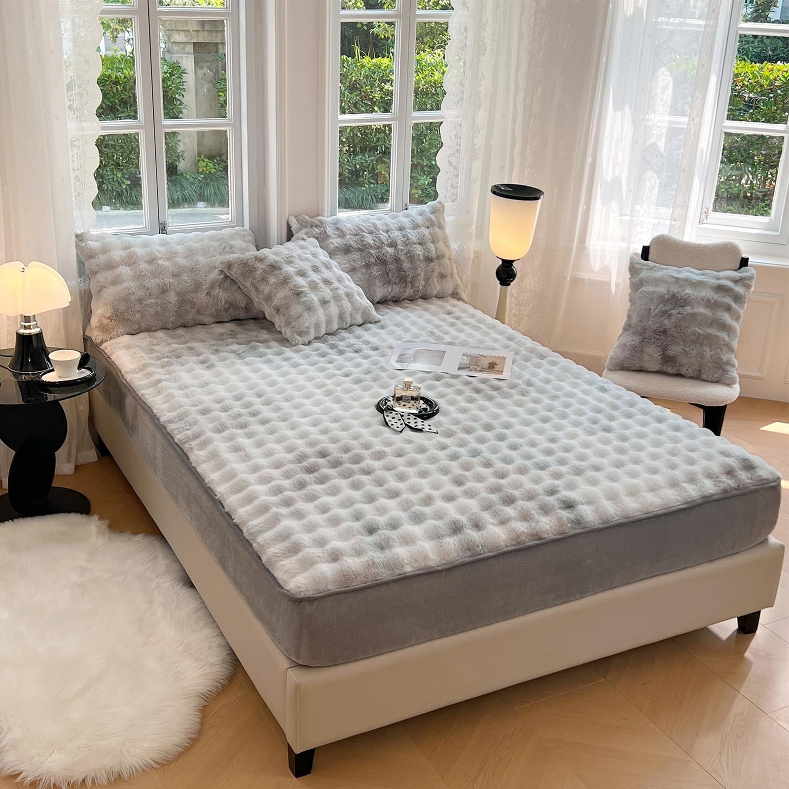 Twin size plush shaggy fitted sheet by ZIQINPSQ with velvet and faux fur bottom, soft and cozy bedding for a luxurious look.