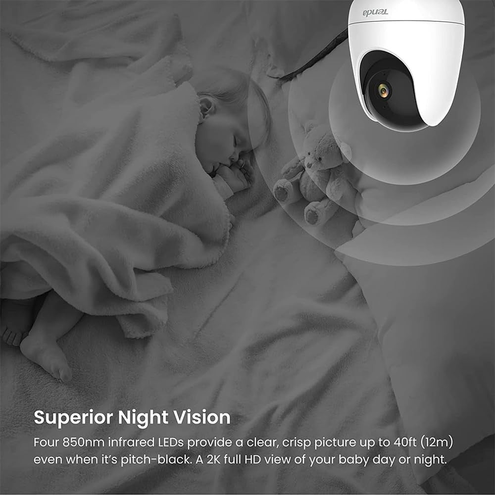 Tenda CP6 2K indoor wireless pan tilt security camera showing camera lens and adjustable control features for home monitoring