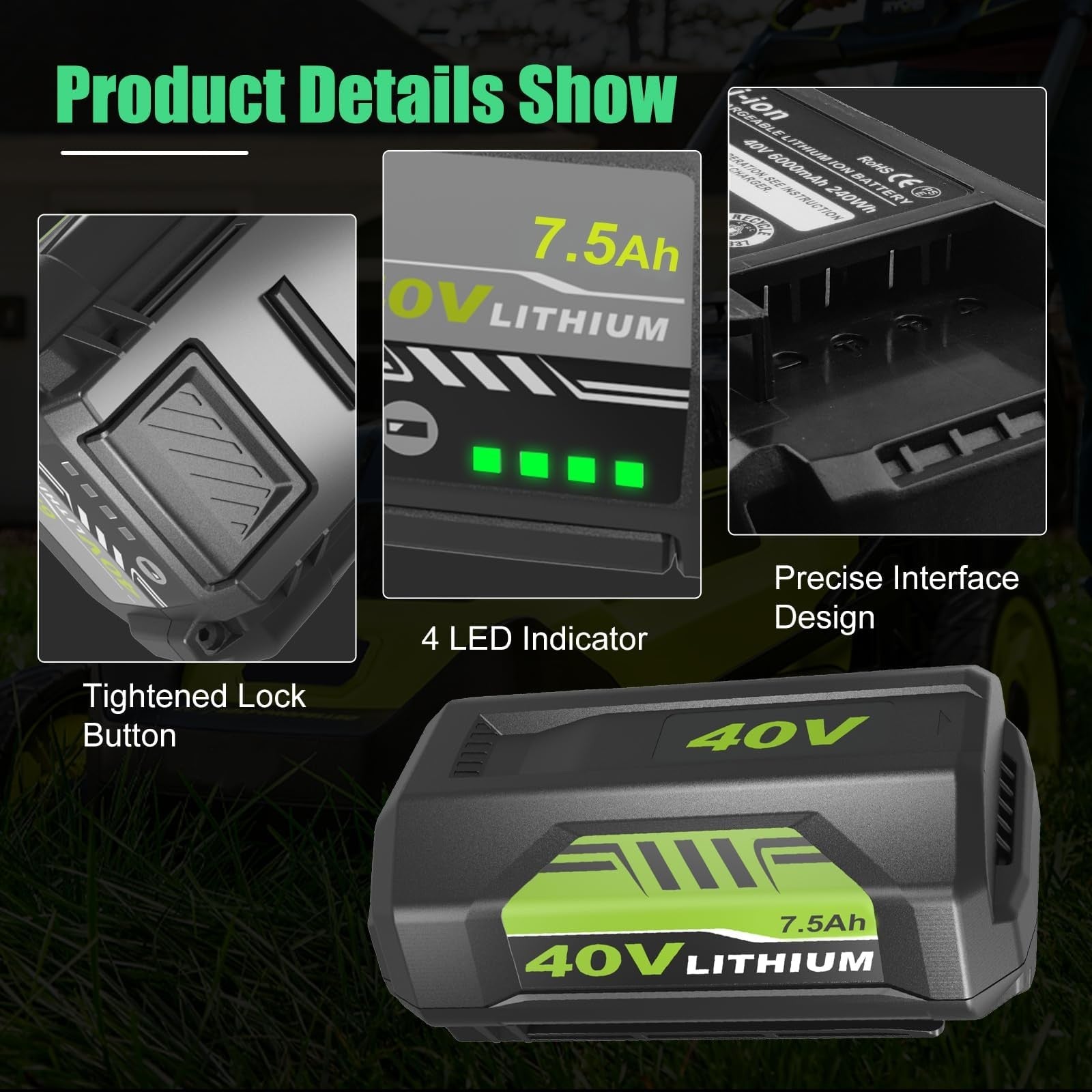 Munikind 40V 7500mAh lithium replacement battery for Ryobi power tools, showing the battery with brand label and connectors