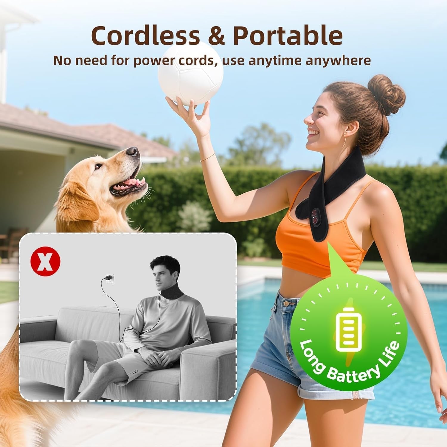 WoloyHeatie cordless neck heating pad with red light therapy, designed for pain relief and neck massage, shown on a model's neck.