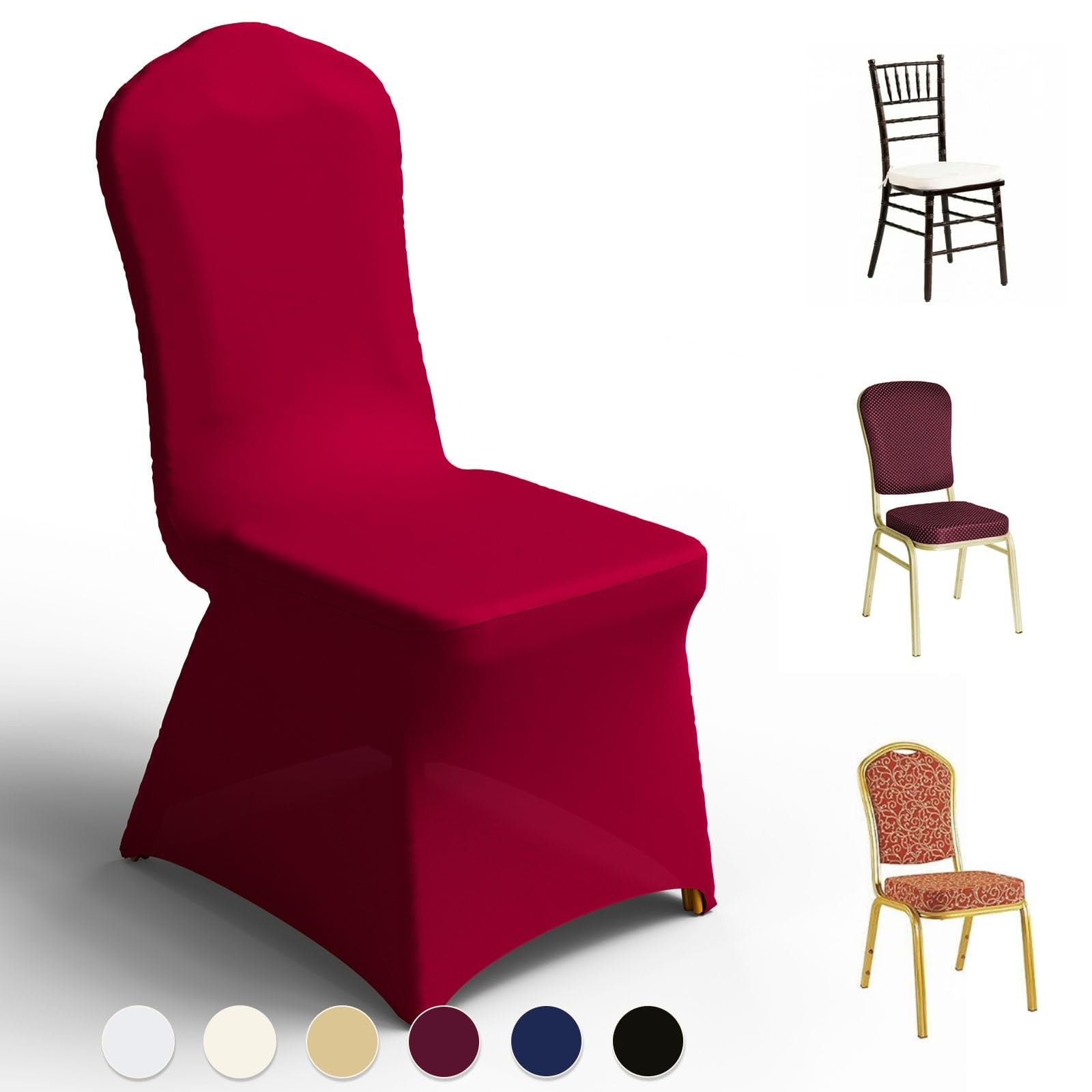 Set of 30 Trlyc spandex chair covers for dining chairs, made of stretchy polyester fabric, designed to fit and protect restaurant or home chairs.