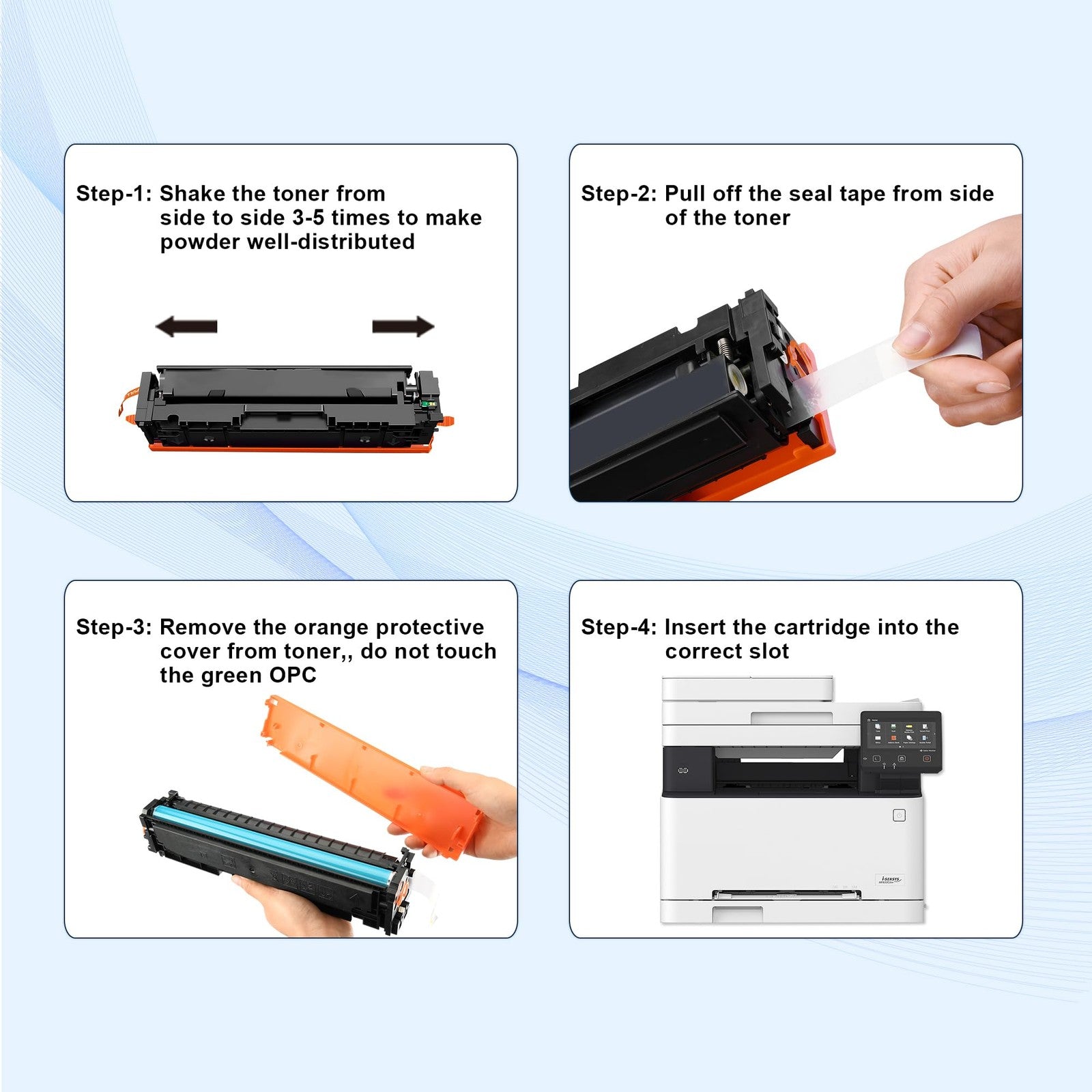 Set of four Office-Color 131A 131X toner cartridges compatible with HP LaserJet Pro 200 color printers, shown in packaging.