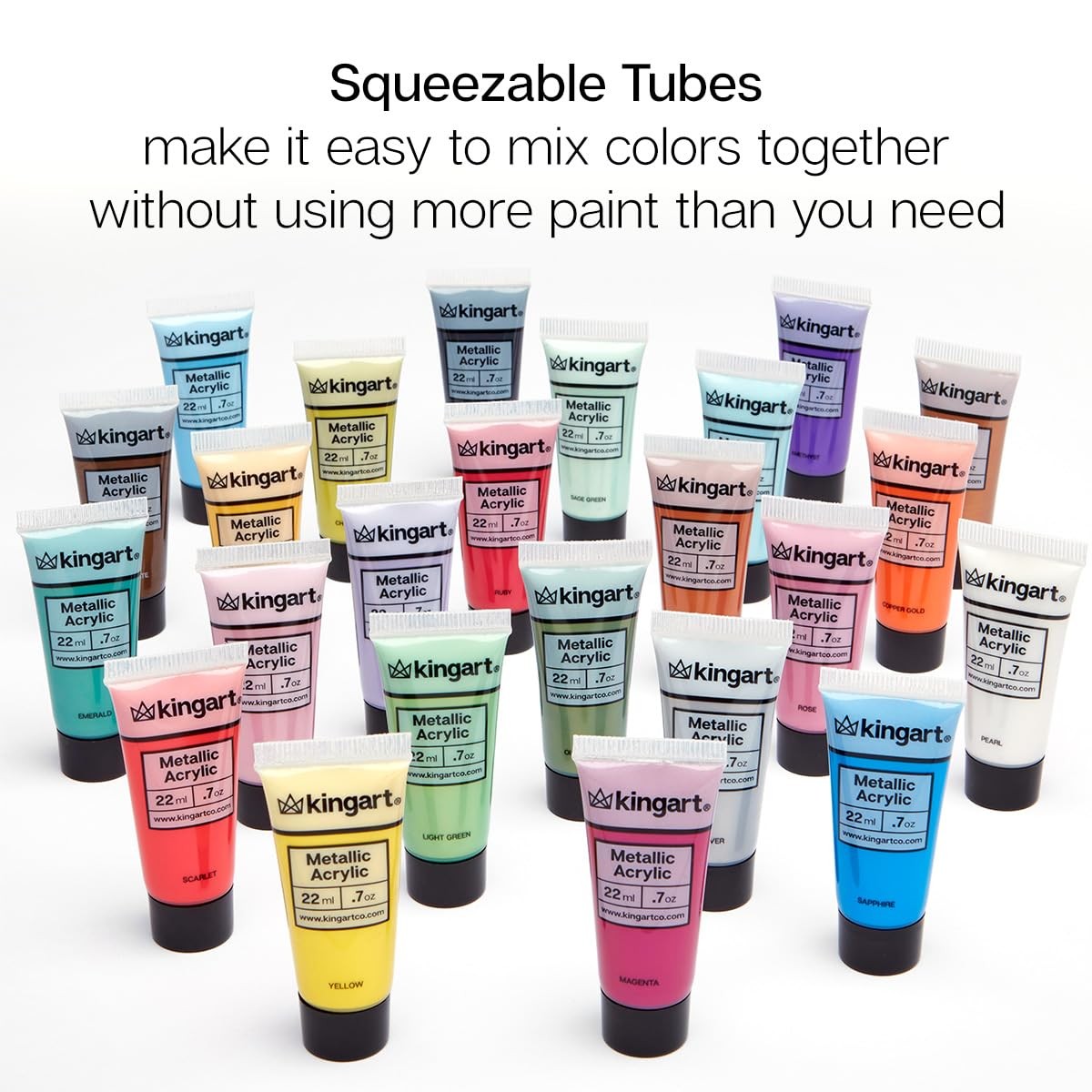 KINGART Metallic Acrylic Paint set with 24 colorful tubes, each 0.74 oz, displayed with vibrant metallic paint textures.