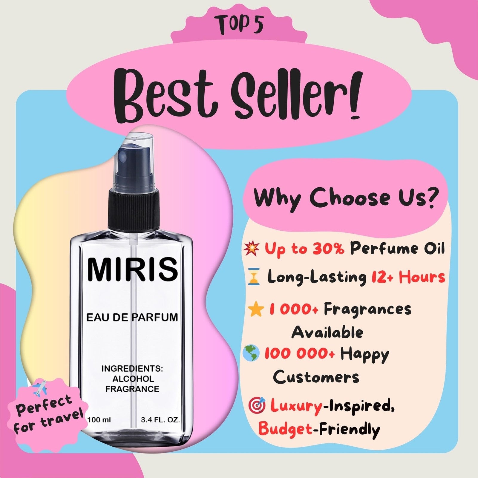 MIRIS No. 35570 Inspired by Black Opium EDP women’s perfume bottle, 3.4 fl oz, with sleek black design and gold accents.