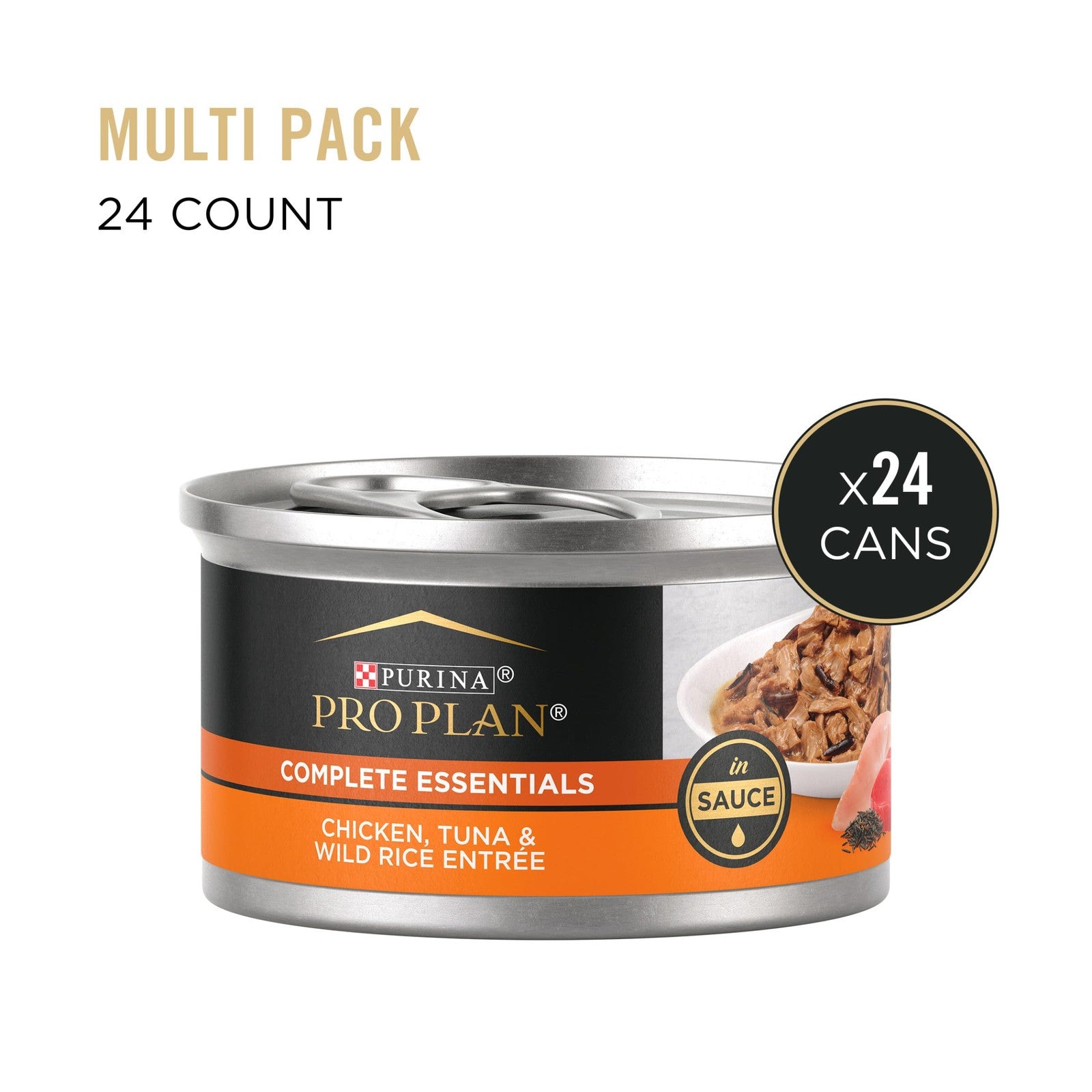 Canned Purina Pro Plan wet cat food with chicken, tuna, and wild rice in sauce, showing the food served in a bowl.