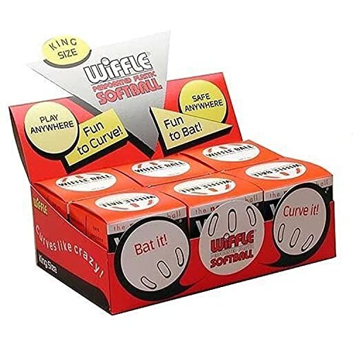 Six WIFFLE 12-inch softballs in a countertop display, showing lightweight plastic design and vibrant colors for casual play