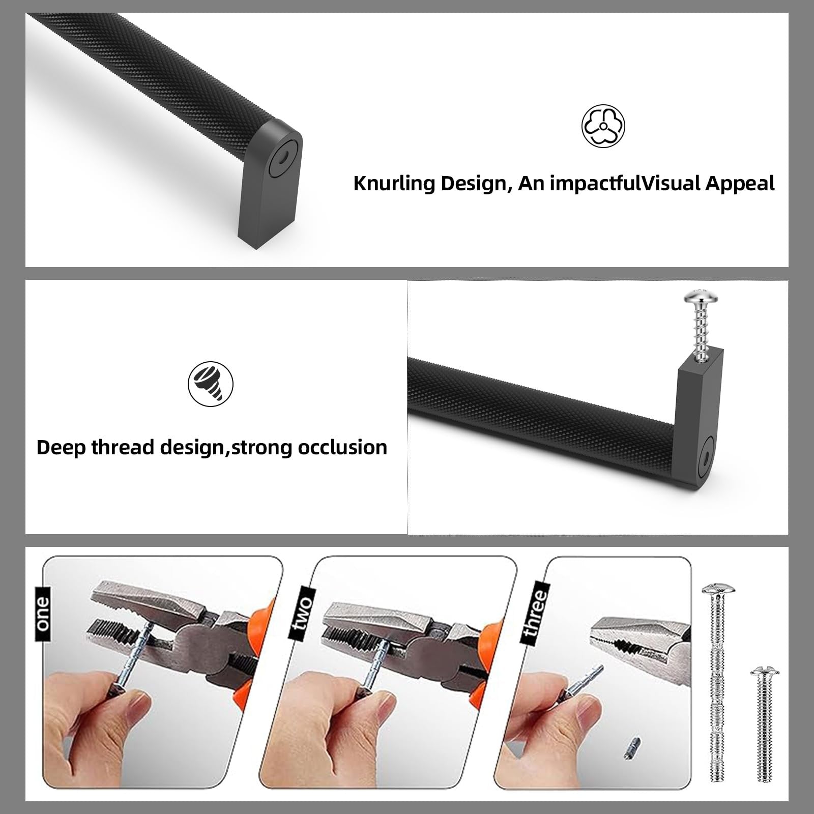 Set of 10 KOMOTIA matte black knurled cabinet pulls with 3-3/4 inch hole centers for kitchen cabinets and drawers.