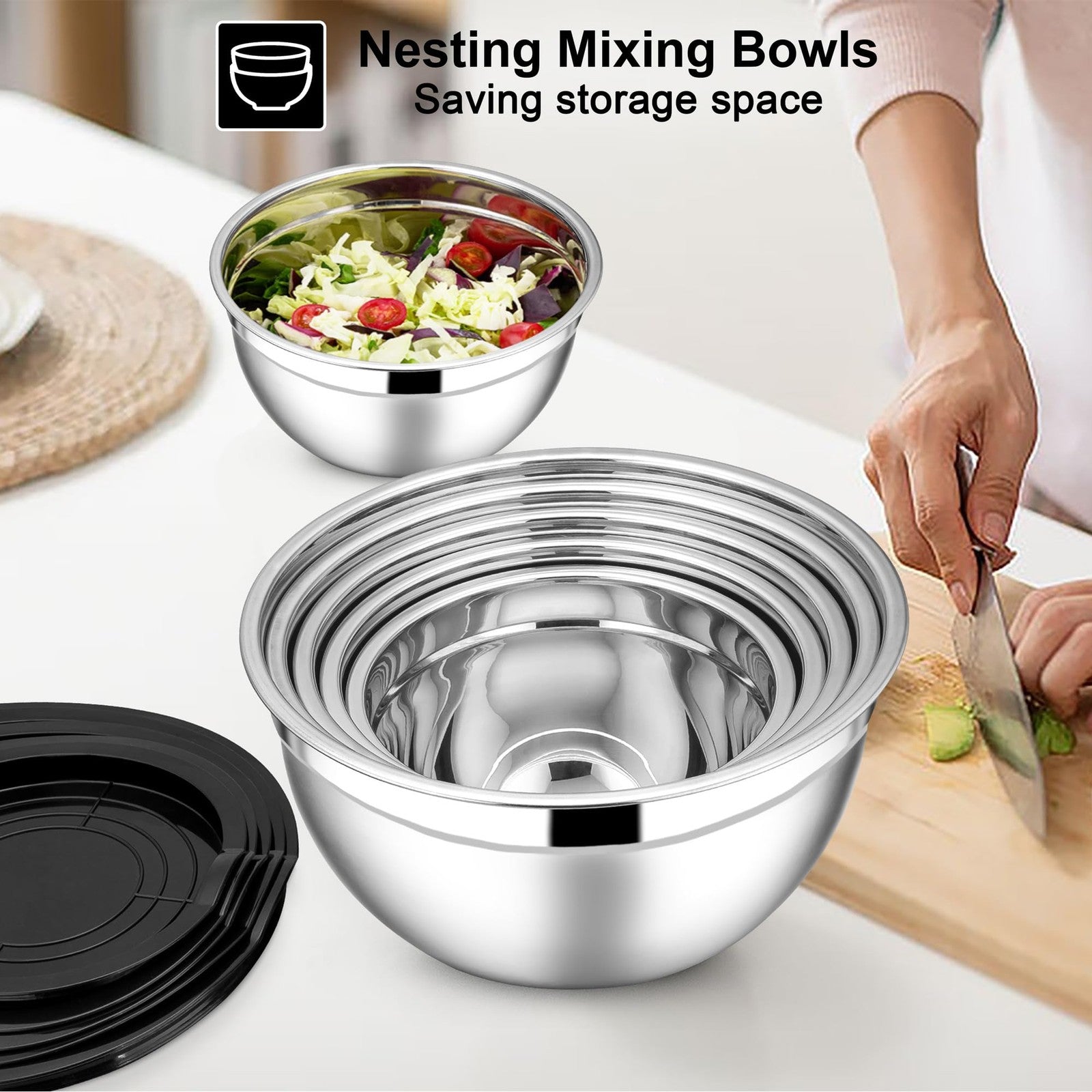 E-far 21-piece stainless steel mixing bowls with lids set, includes various sizes for salads, prep, and storage.