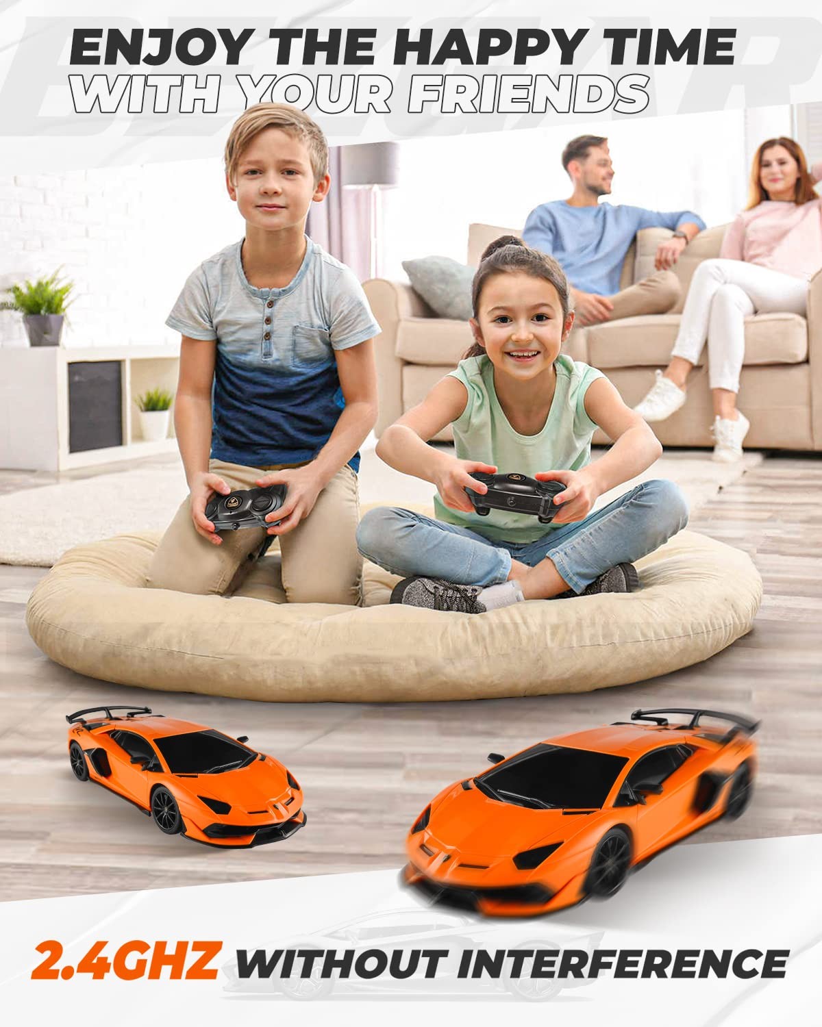 BEZGAR remote control toy car modeled after a Lamborghini 124 Lambo, detailed red RC car for kids on smooth surface.