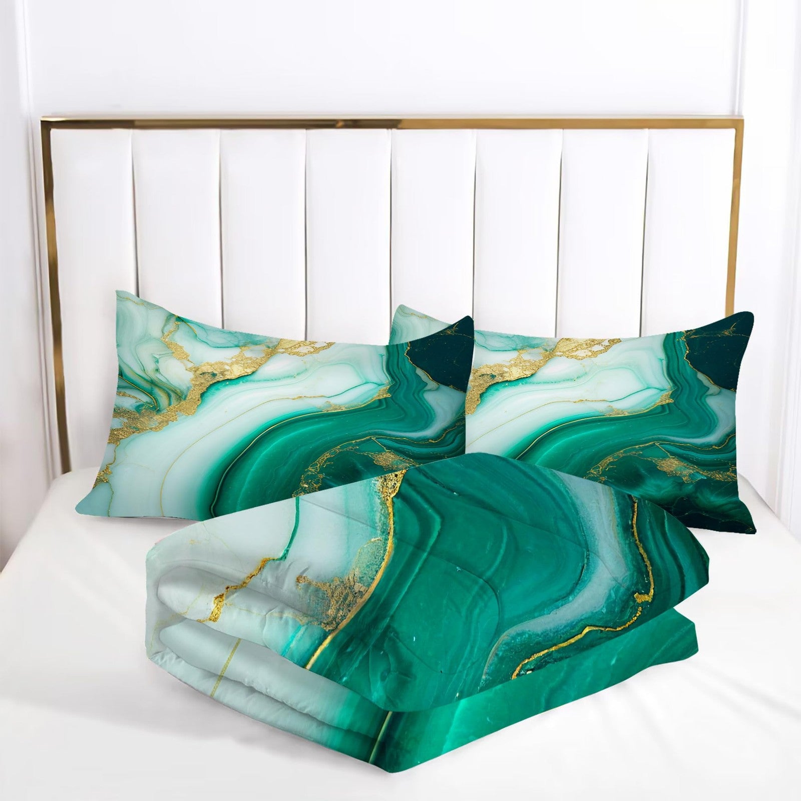 EDGZKO king size comforter set with green marble pattern, emerald green and gold glitter bedding for a luxurious bedroom look