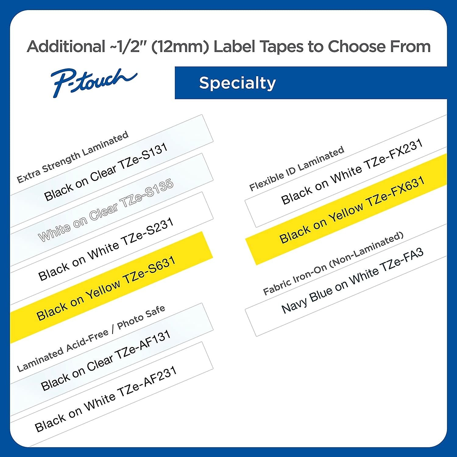 Brother Genuine P-Touch TZe-231 4-pack laminated label tapes in black on white, ½ inch wide, 26 feet long each.
