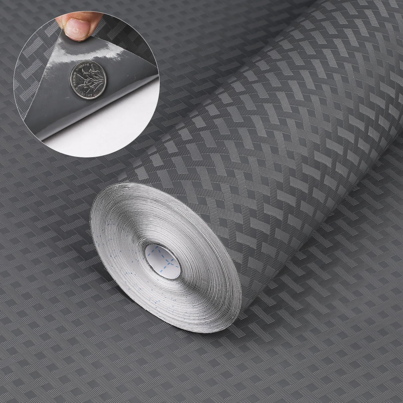 HooTown self-adhesive shelf liner contact paper in beige, measuring 23.6 by 196.8 inches, shown on a cabinet shelf.
