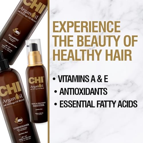 CHI Argan Oil plus Moringa Oil Luxe Trio Kit with shampoo, conditioner, and Morin bottles in a sleek packaging display.