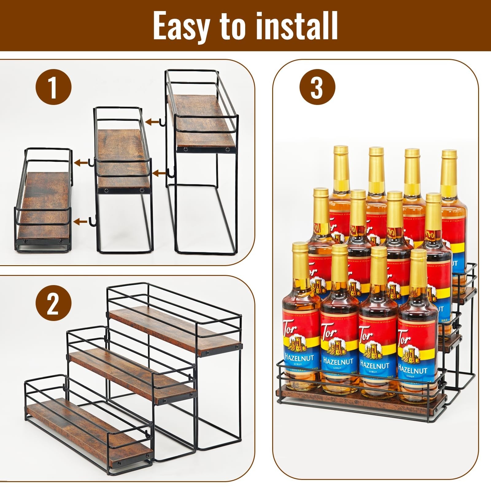 AUATRONNE 12-bottle coffee syrup organizer rack with three-tier stand for easy storage and display of coffee syrup bottles.
