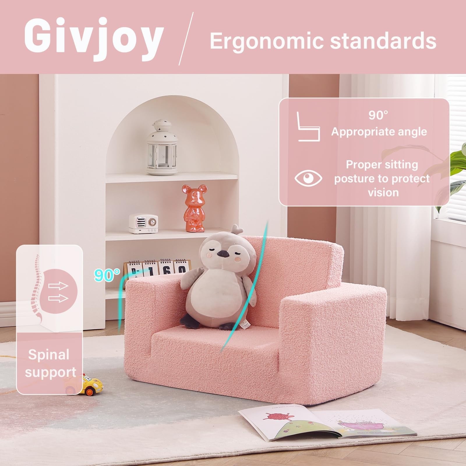 Givjoy toddler chair Sherpa kids couch, 2-in-1 soft armchair lounger for children, no assembly required, cozy and versatile design.