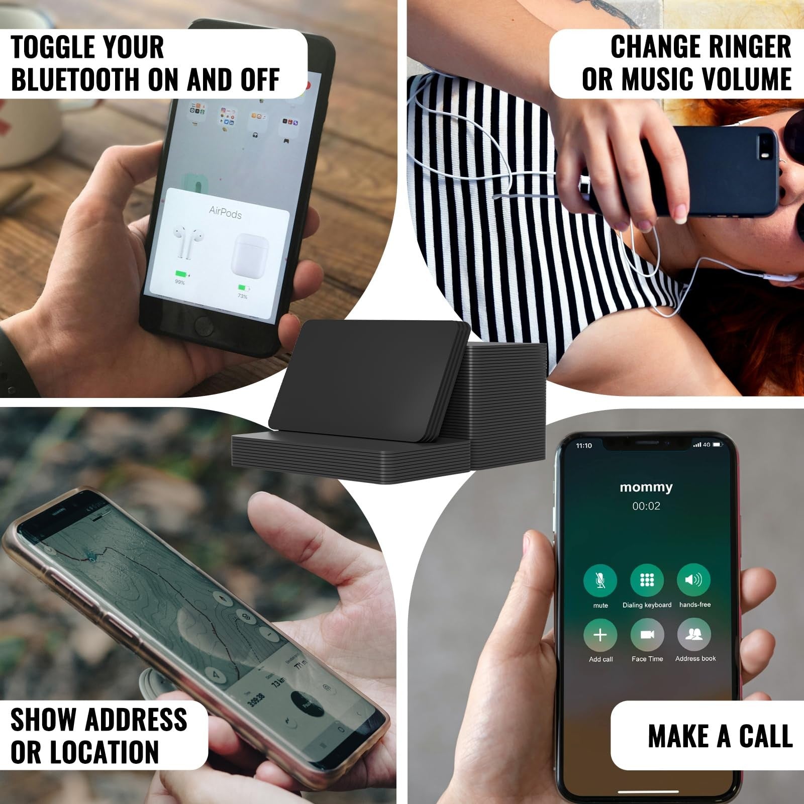Set of 10 black NTAG216 NFC cards by Timeskey NFC, 868 bytes memory, compatible with all NFC-enabled devices, shown stacked.