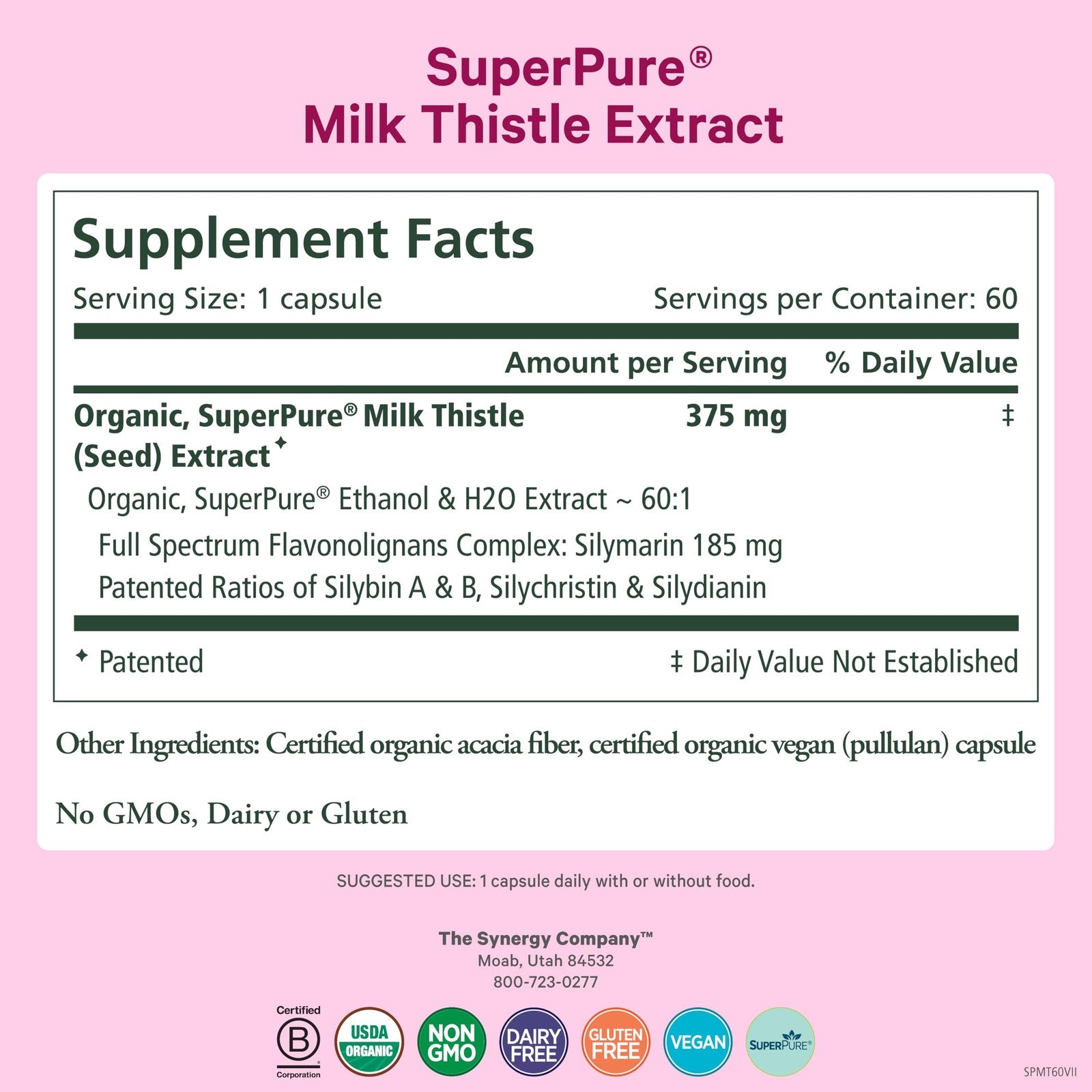Pure Synergy SuperPure Milk Thistle extract capsules for liver detox and cleansing, shown in a clear container with capsules.