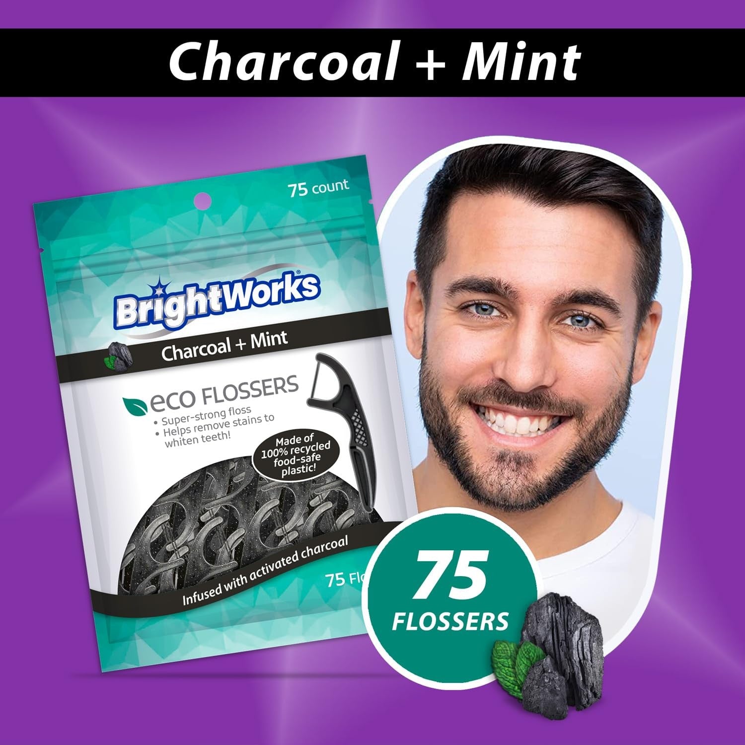 BrightWorks ECO sustainable floss picks in a 225-count package, PFAS-free, made in the USA, with white and teal handles.