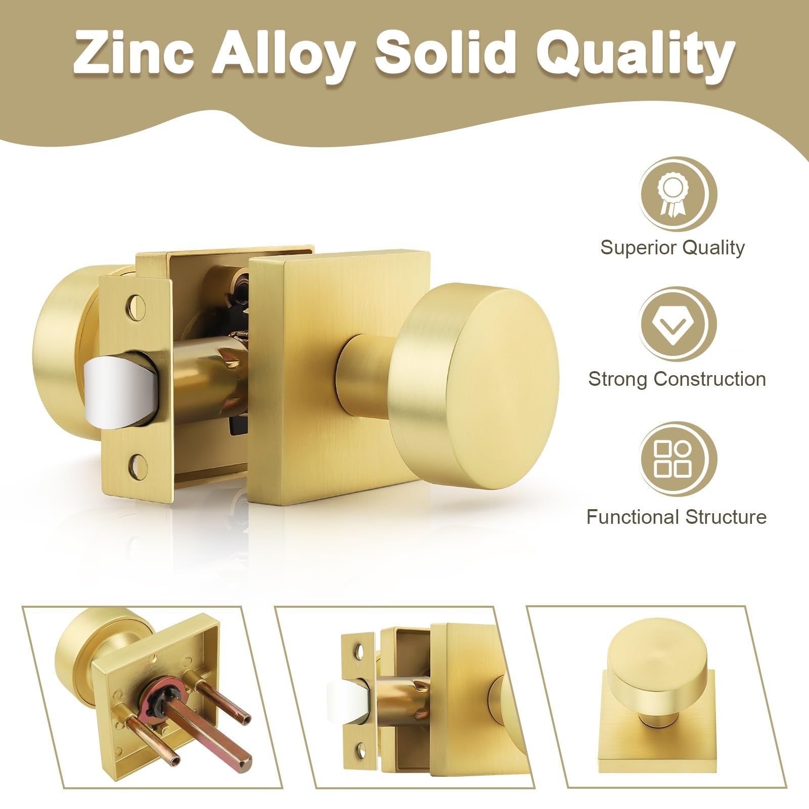 Probrico gold interior door handle with brushed brass finish, no lock, sleek door knob for indoor use