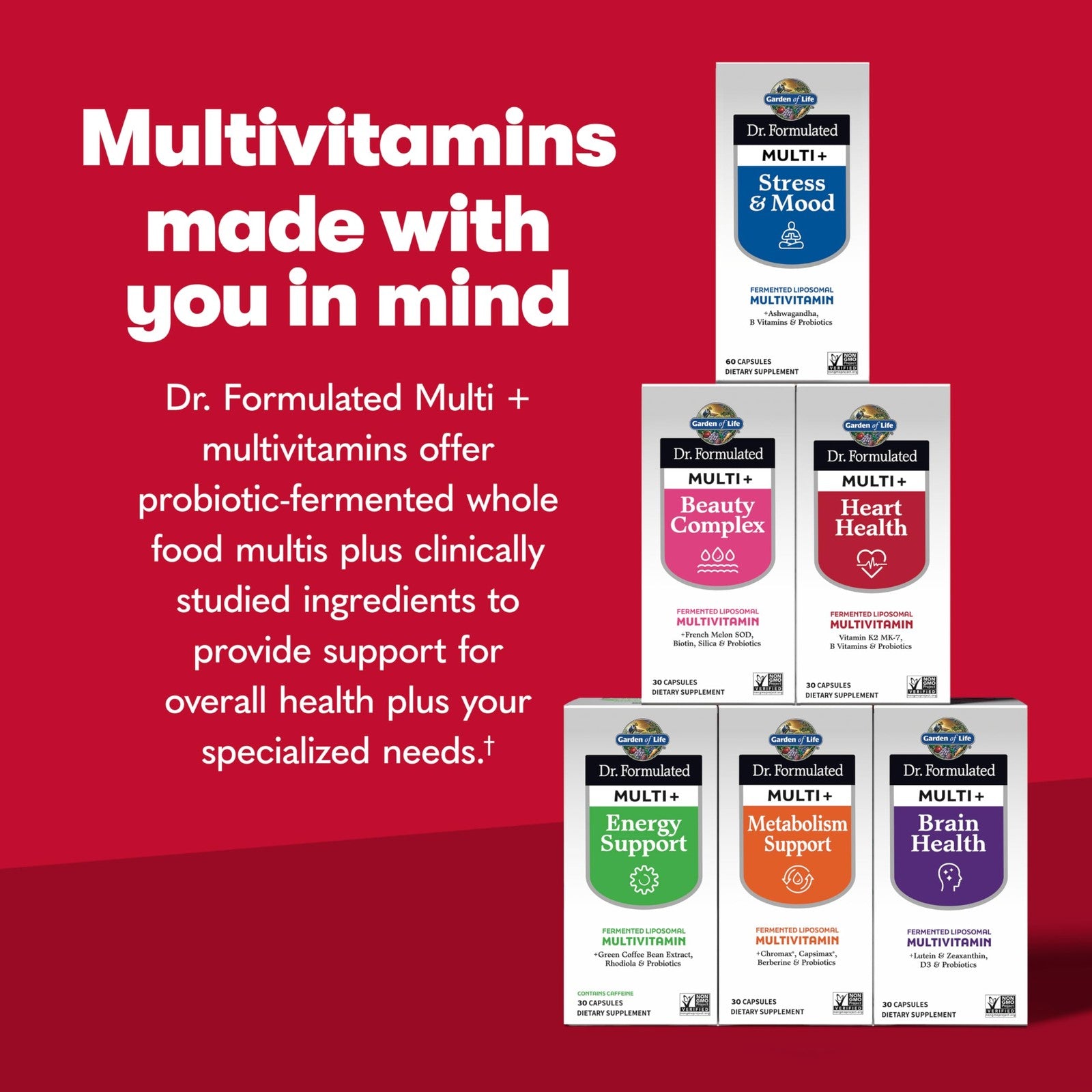 Garden of Life Dr. Formulated Multi+ Heart Health fermented liposomal multivitamin bottle on a white background