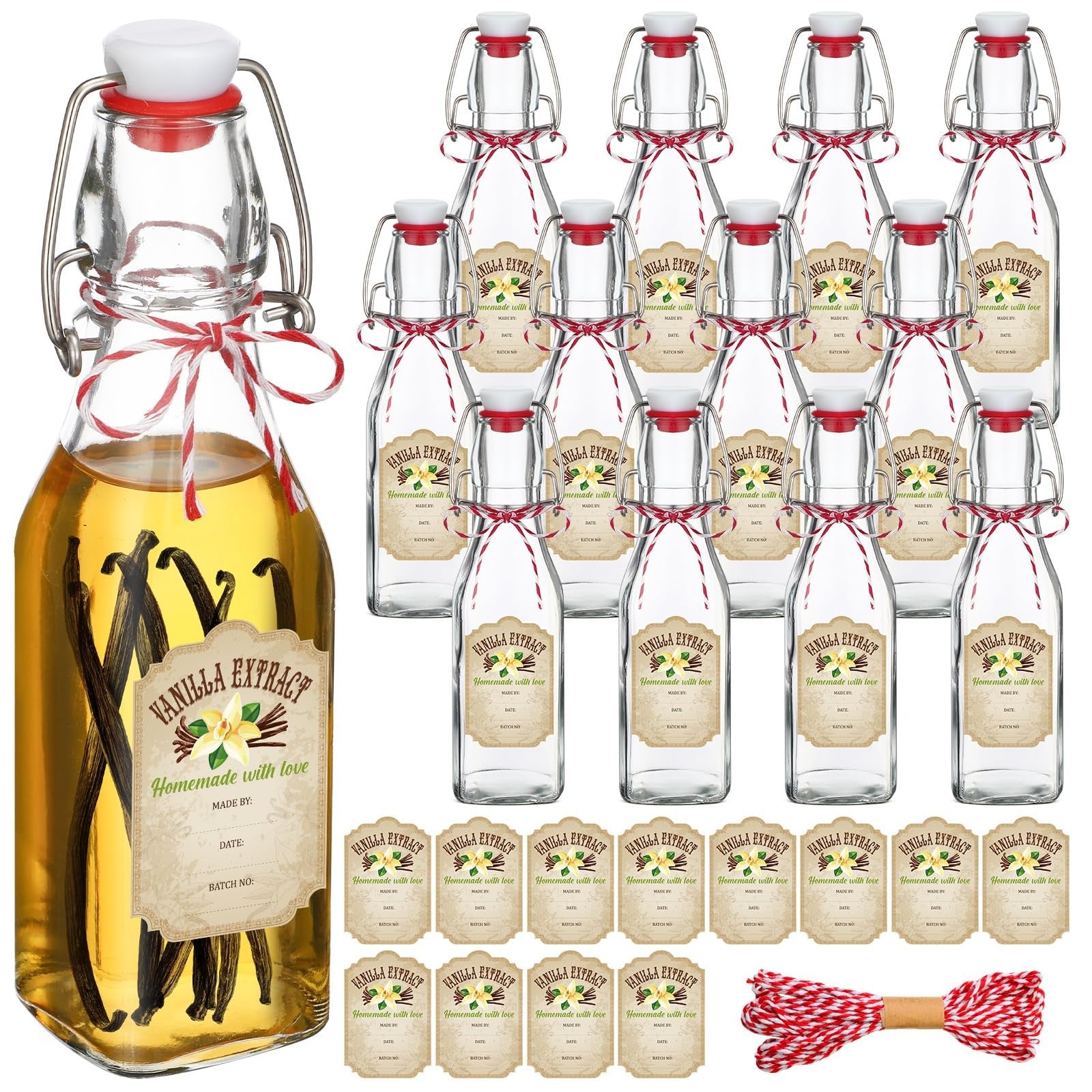 Uiifan 12-pack 12 oz clear glass vanilla extract bottles with caps, featuring smooth glass finish and white caps for storage or gifting.